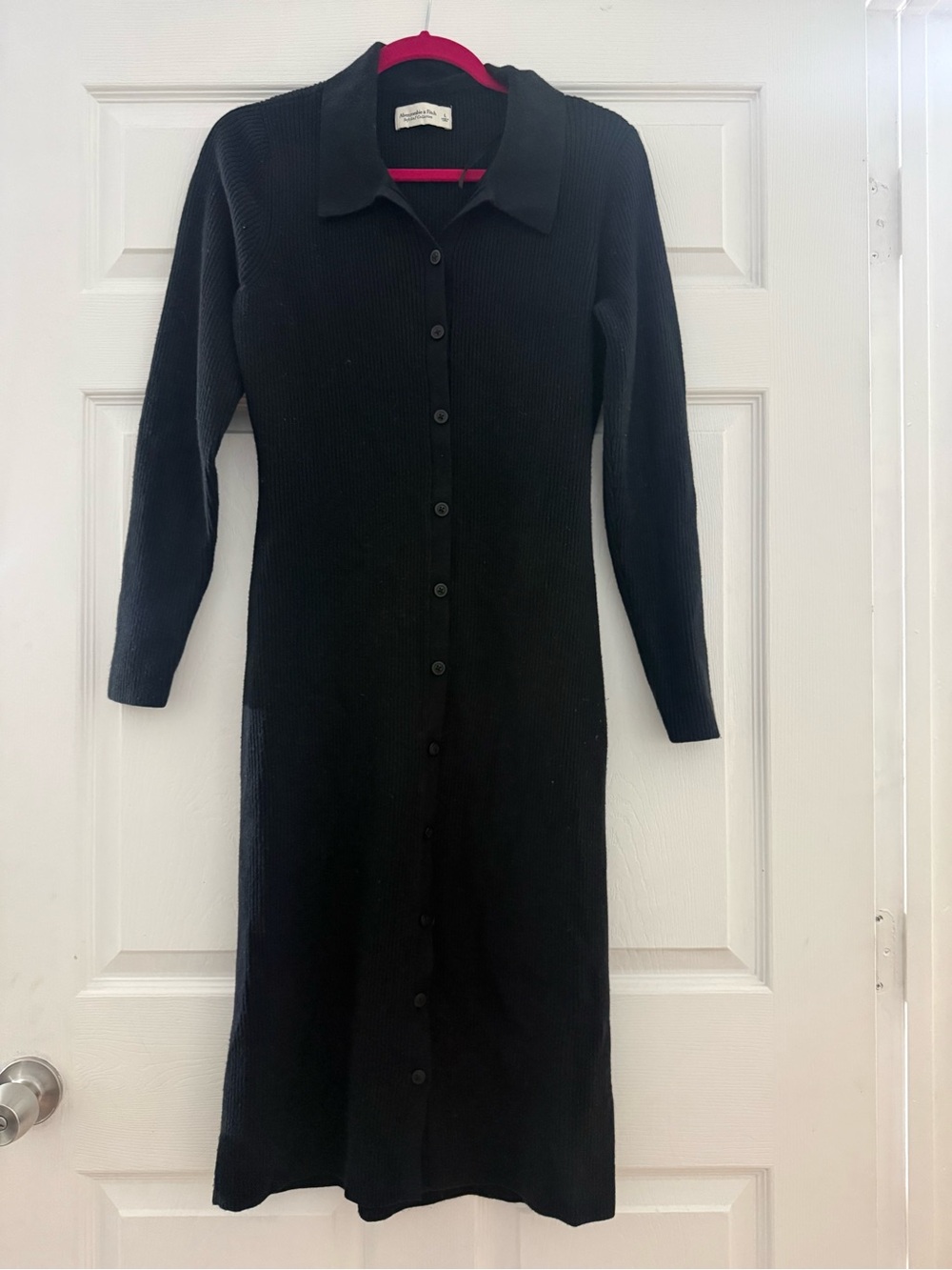 Abercrombie & Fitch Black Long-Sleeve Button-Front Ribbed Dress